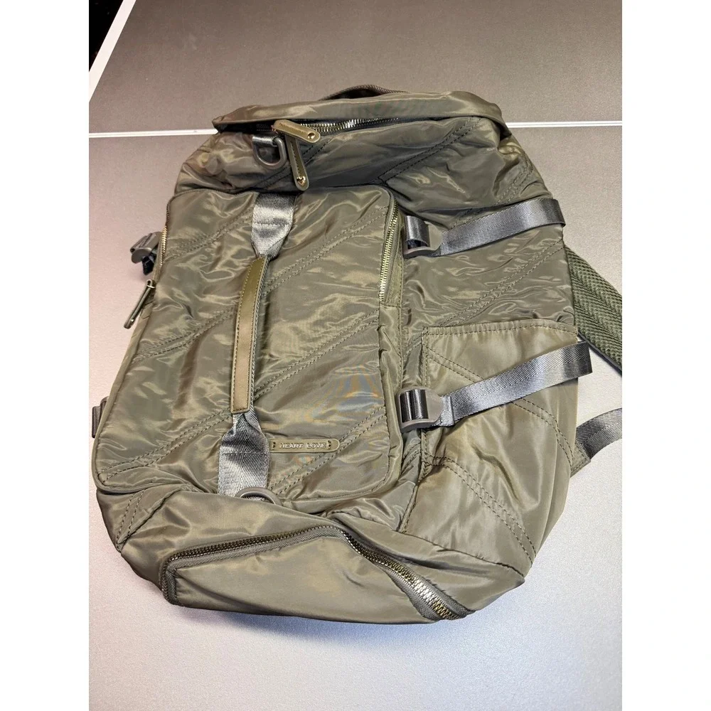 Heart Love‎ Olive Green Nylon Quilted Backpack Utility Tactical Straps Gold Tone